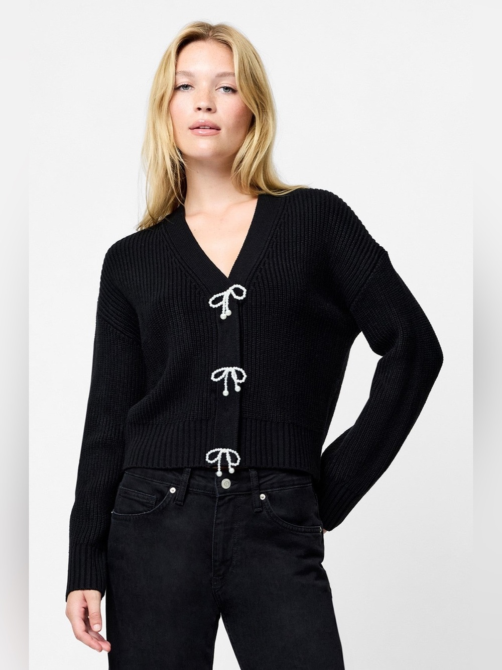 French Connection Babysoft Knit Embellished Bows Sweater in Black